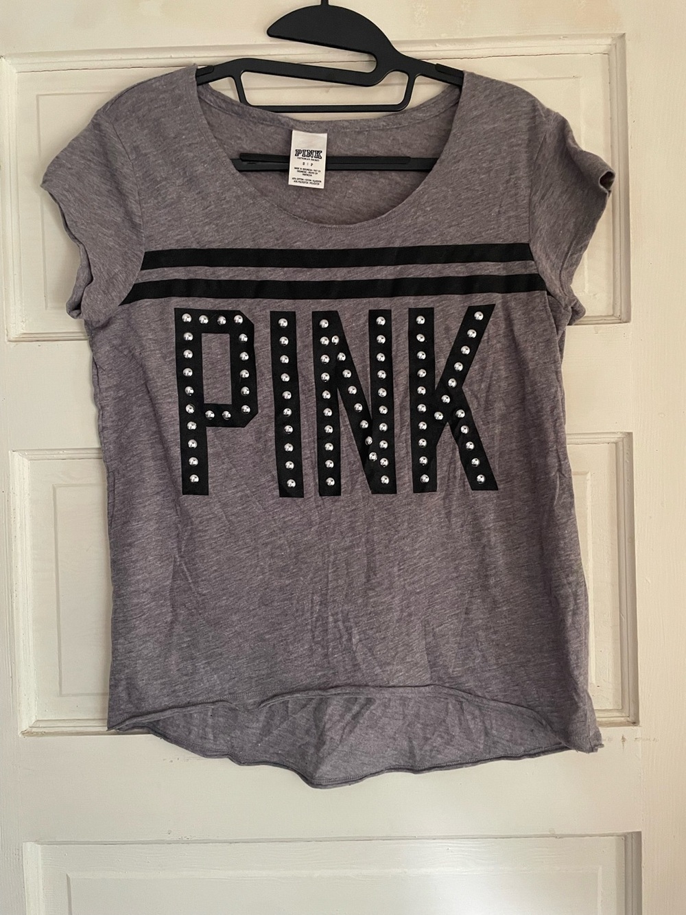 PINK Victoria's Secret ladies small Gray Tee with Black Studded Logo